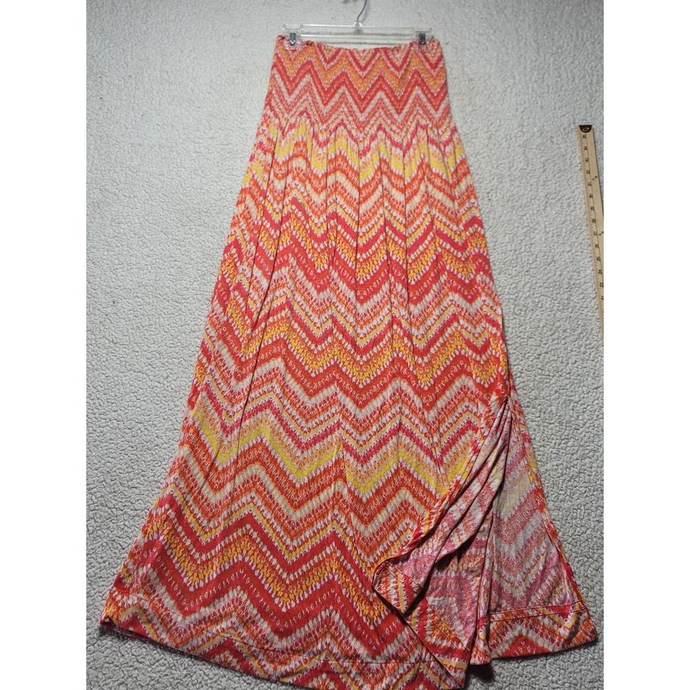 Boho Chevron Smocked Waist Maxi Skirt Orange Yellow Zig Zag Side Slit Summer